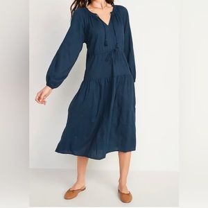 Large Old Navy teal Blue/green Embroidered Dress peasant gathered long fall boho